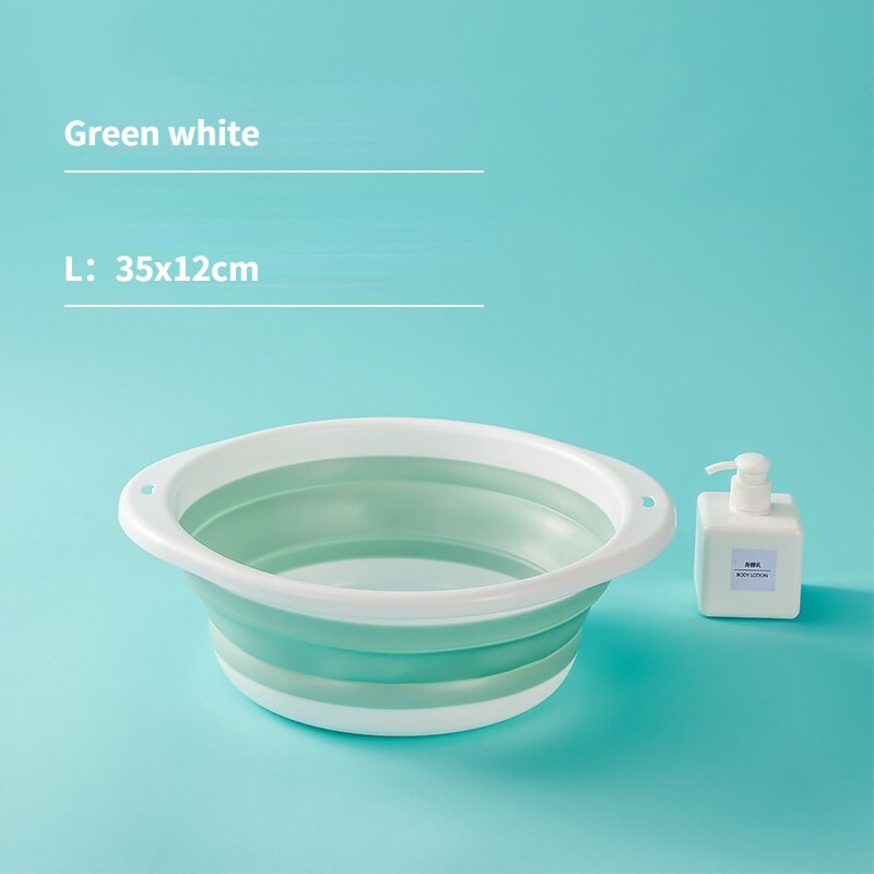 Household Silicone Folding Washbasin Stand, Children's Cartoon Basin, Student Dormitory Travel Portable Foldable Basin: Green white-L