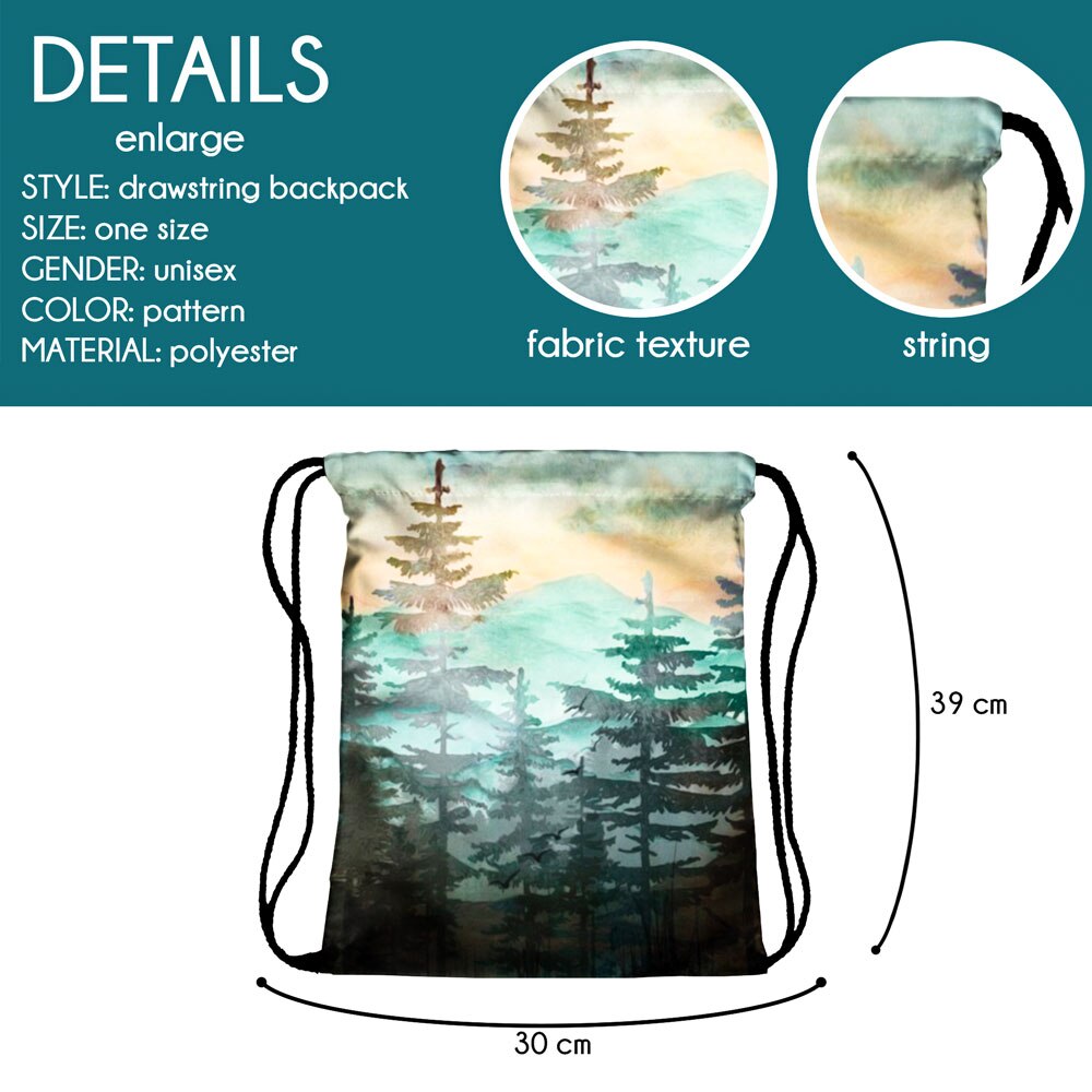 Natural Drawstring Bag Backpack Women Portable Shopping Bag Casual 3D Printing Forest Outdoor Travel Bag