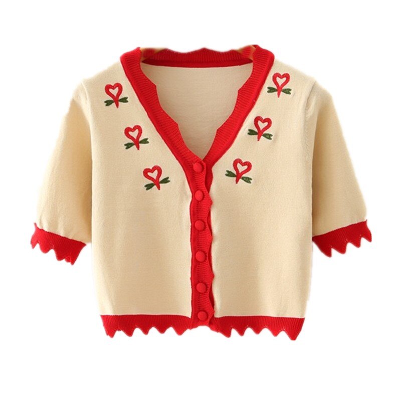 Women Knit Single-breasted Button Cardigan Embroidery Sweater Retro Exposed navel Short Knitwear Short sleeve Jumper Tops: Default Title