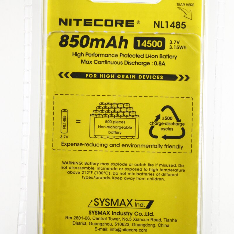 NITECORE NL147/NL1485 High-Performance 850mAh Li-ion Rechargerable 14500 Battery For Hight Drain Devices