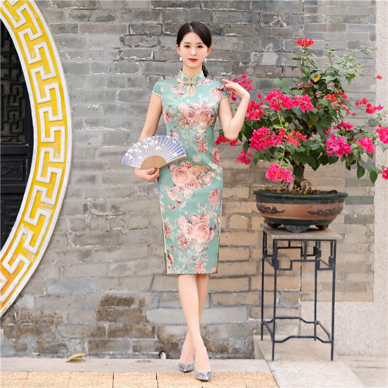 Chinese Traditionele Print Bloem Elegante Vrouwen Qipao Klassieke Mandarijn Kraag Vintage Cheongsam Sexy Slanke Lange Vestidos Oversize