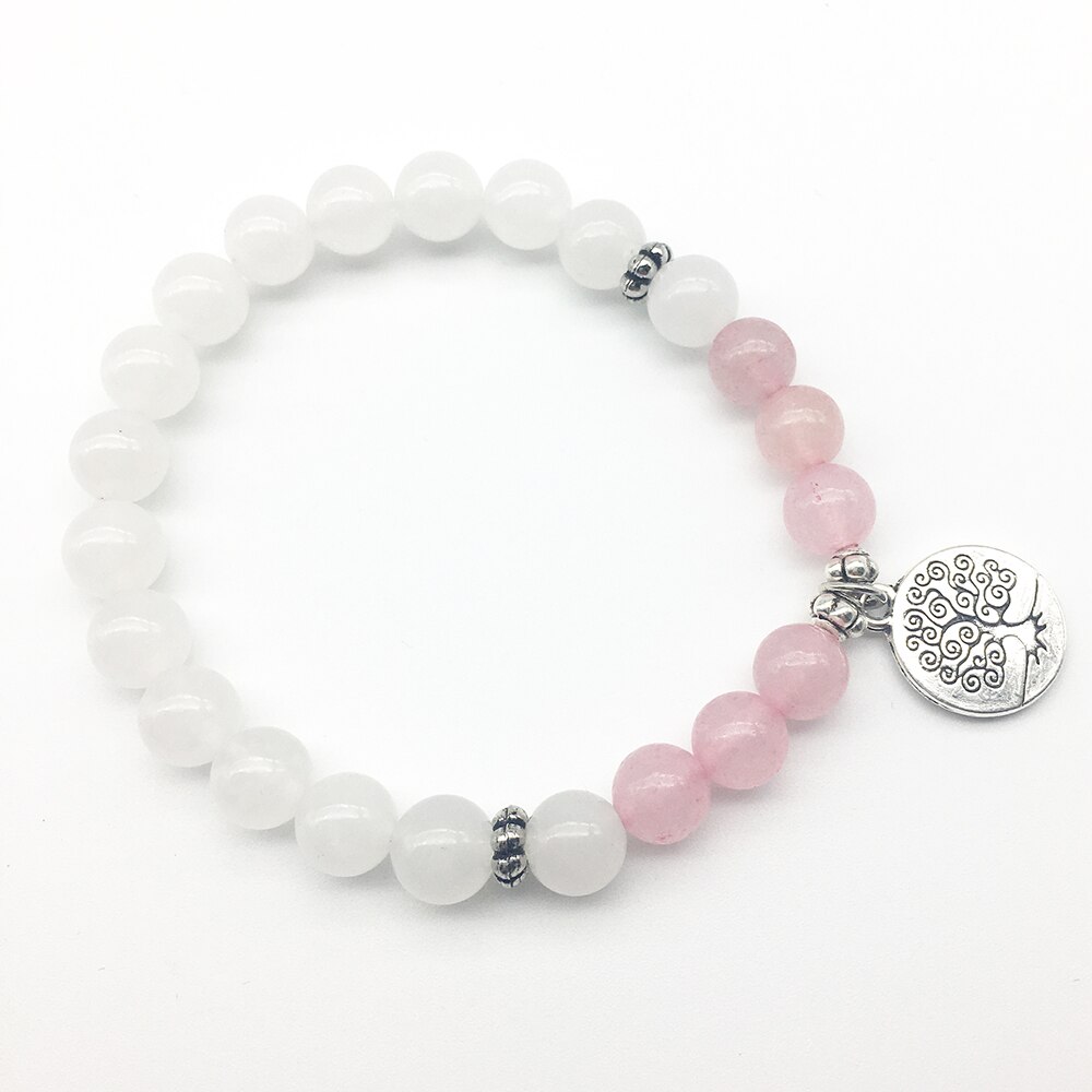 Sn1307 damesarmbanden van witte kralen, rozenkwarts met een levensboom-bedel, het beste voor haar