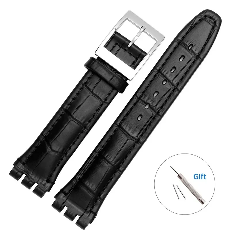 17mm 19mm Echtleder Armbinde für Swatch YCS YAS YGS Ironie Männer Frauen Sportuhrenarmband Männer Frauen Stahl Edelstahl Armbinde: Schwarz / 19mm