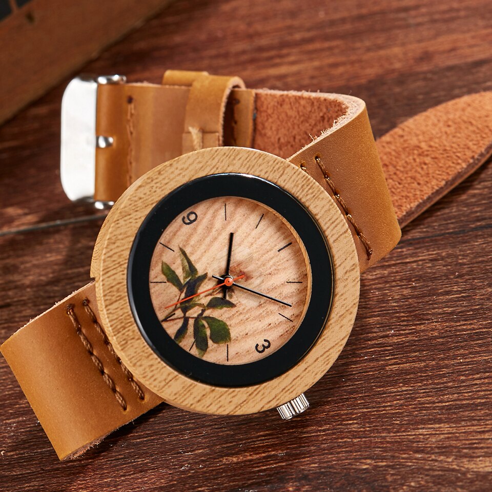 Træ ure kvinder mænd kvarts armbåndsure afslappet træfarvet læderrem ur reloj mujer kvinders ur montre homme: Blomsterur
