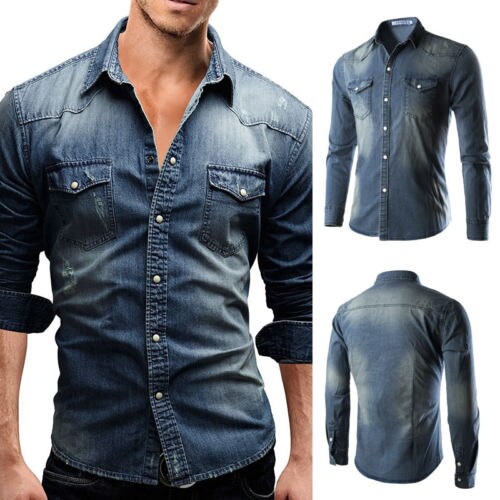 hombres Casual Jeans camisa de manga larga primavera otoño camisa calle Top tendencia