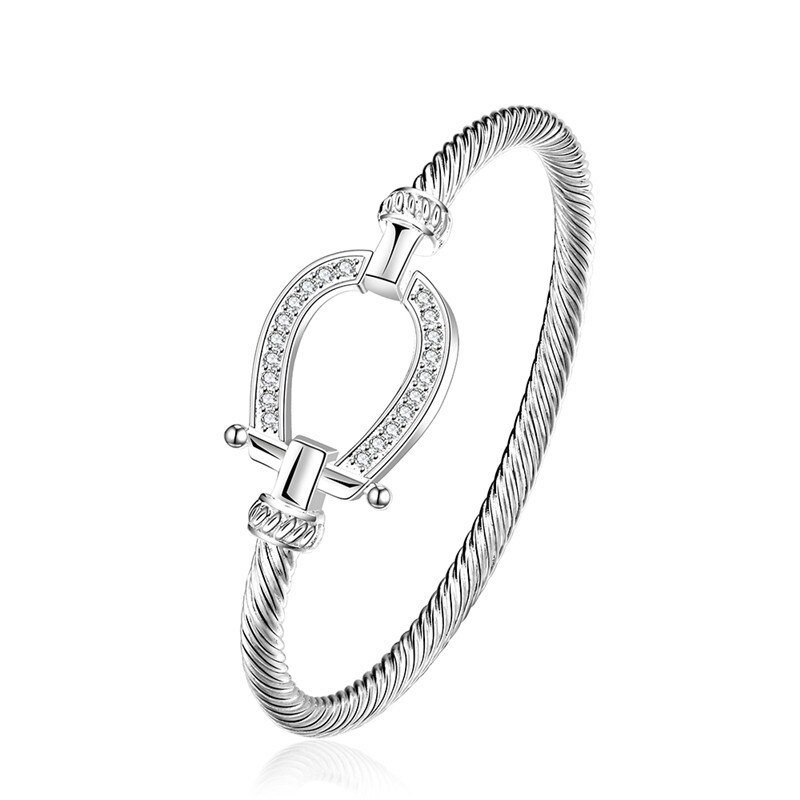 Pure Silver Horse Shoes Bangle Bracelet for Women Femme Pulseria Costume Jewelry Decorations U Clasp Water Bracelet