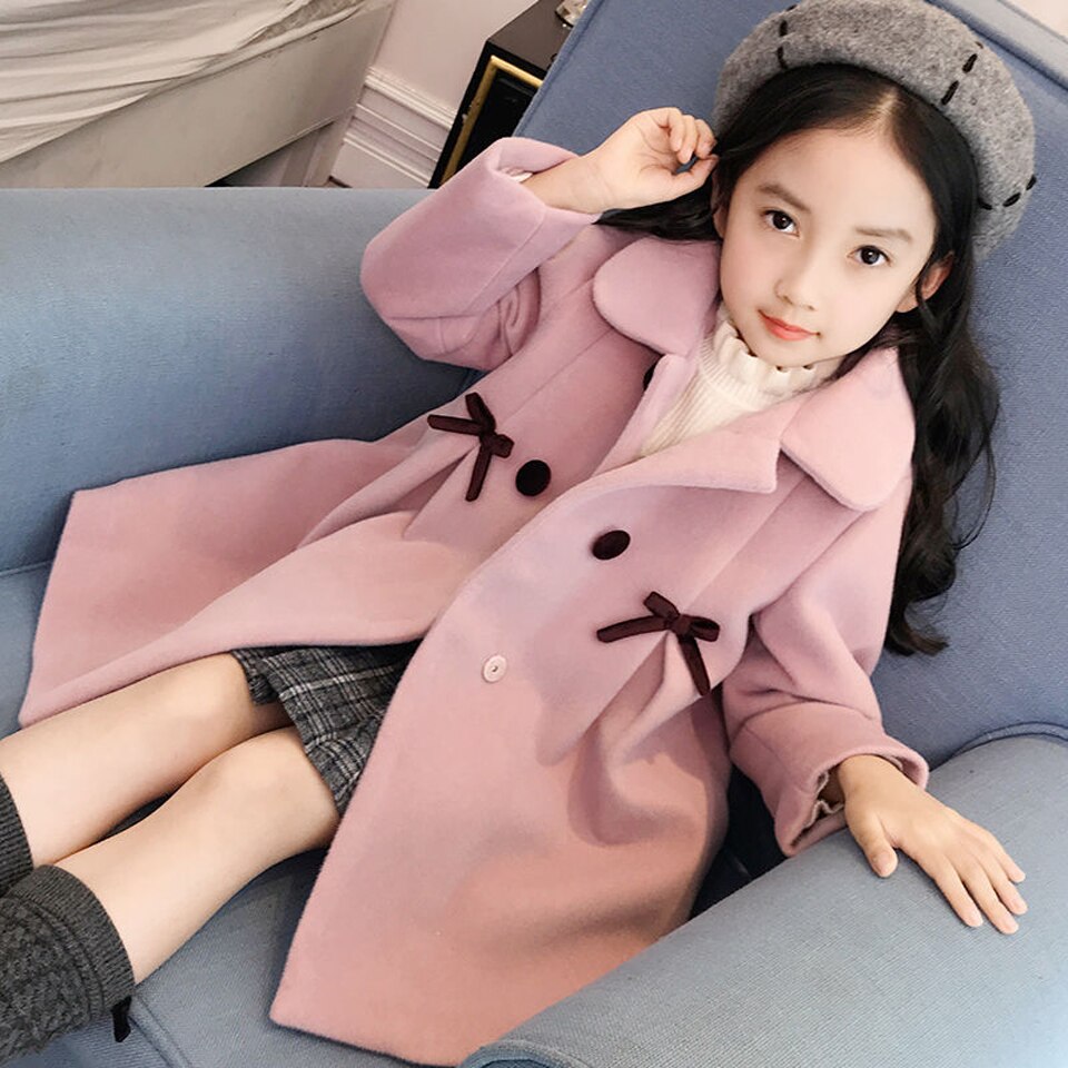 Woolen Coat For Girls Autumn Girls Jacket Bow Children's Clothes Christmas Pink Kids Outerwear Winter Girl Clothes 6 8 12 Year