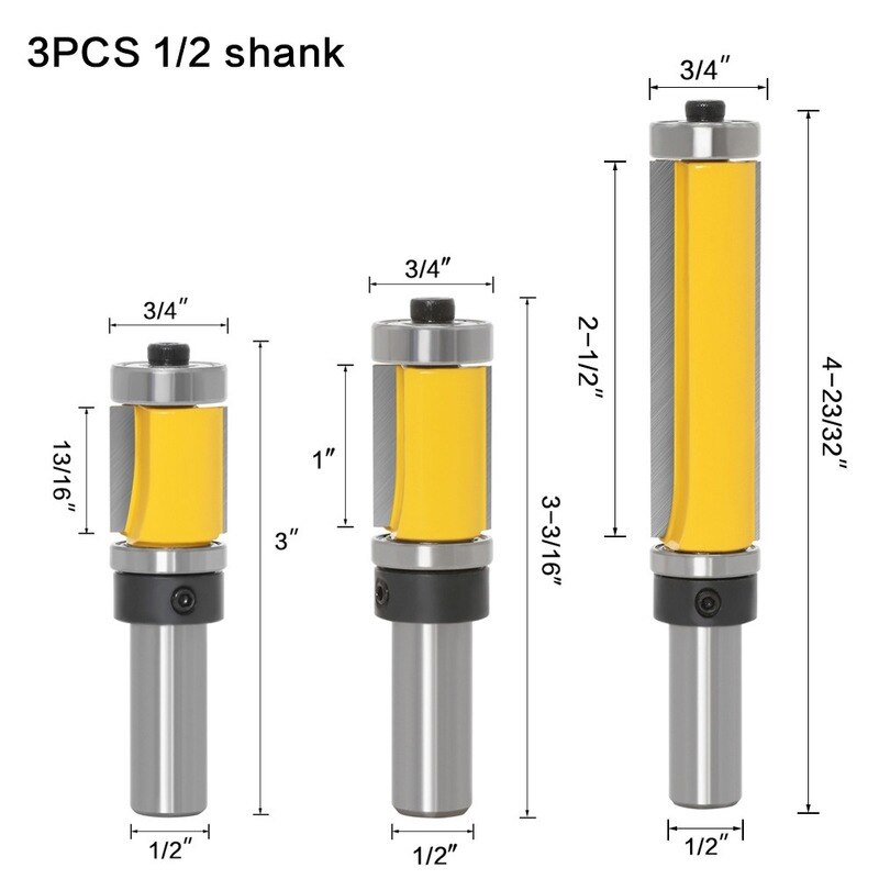 1/3 pièces 1/2 "12mm tige Double roulement garniture droite routeur peu coupe fente couteau fraise carbure affleurant le travail du bois: 3PC 1-2