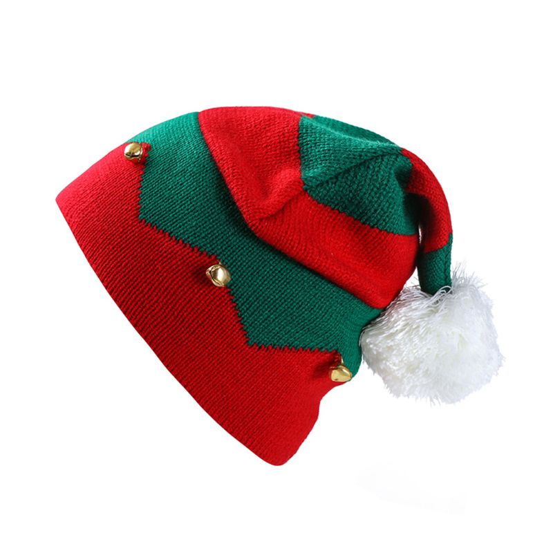 Toddler børn jul strikket alf hat med små klokker kontrastfarve bølget striber hæklet pompon santa cap festartikler