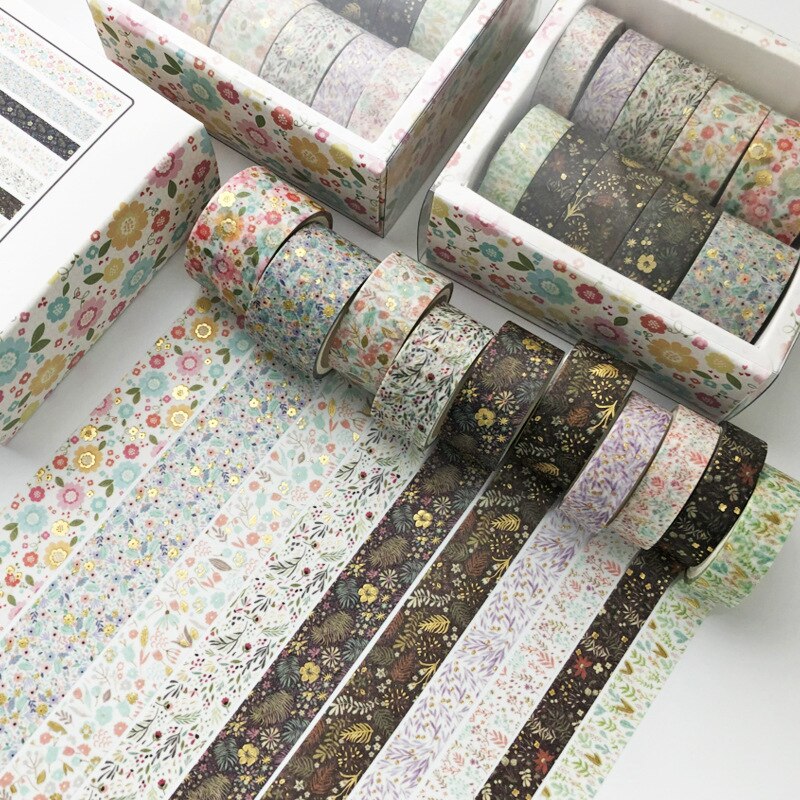 10 stk / sæt sort geometri guldmaskering washi tape dekorativt tape sæt decora diy scrapbooking sticker label brevpapir: Blomst vinstok