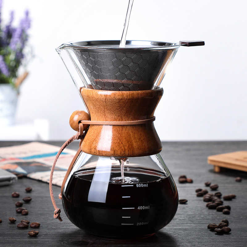 Pour Over Coffee Maker Glass Carafe And Reusable Stainless Steel Permanent Filter Manual Coffee Dripper With Wooden Sleeve: Coffee with Filter