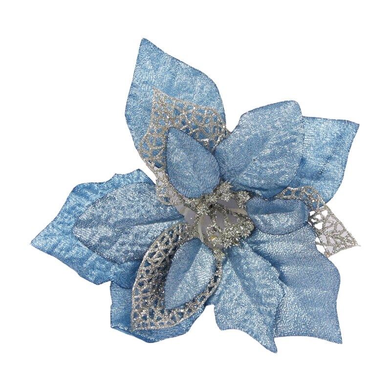 15 sztuk sztuczne świąteczne kwiaty dekoracje bożonarodzeniowe ozdoby choinkowe brokatowe złote/srebrny z klipsami upuszczać statek: niebieski