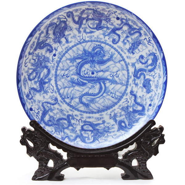 Jingdezhen keramisk dekorationsplade hængende tallerken blå og hvid ni drager porcelæn kinesisk husstand: Drage stativ plade