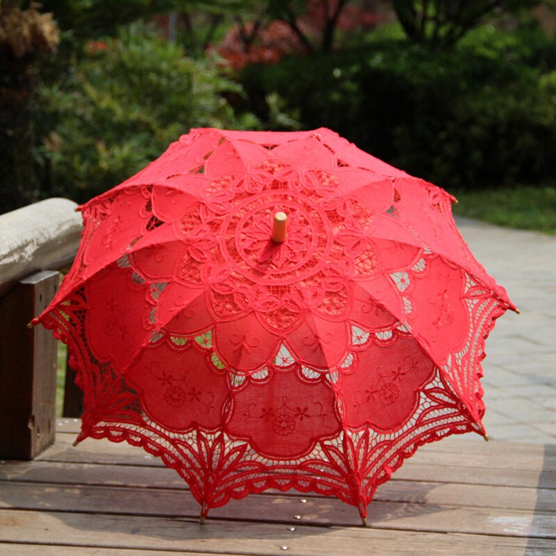 Forest Wedding Party Decoration Bride Photo Shoot Prop Handmade Battenburg Lace Parasol Bride Party Sun Umbrella: Red