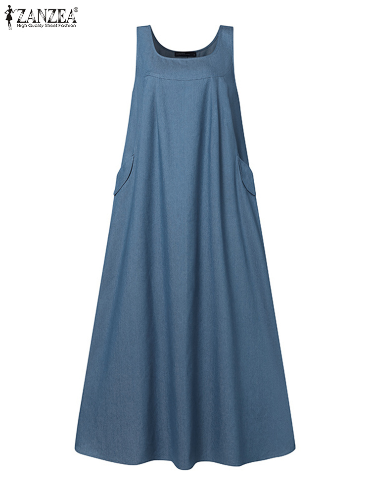 Sommer Elegante Overalls Kleid ZANZEA Muslimischen Maxi Sommerkleid Robe Femme Vintage Straps Solide A-line Denim Blau Vestidos Kaftan 2024