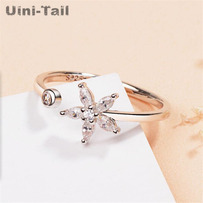 Uini-tail 925 sterling zilveren vijfbladige bloem micro inlay open ring eenvoudige persoonlijkheid niche