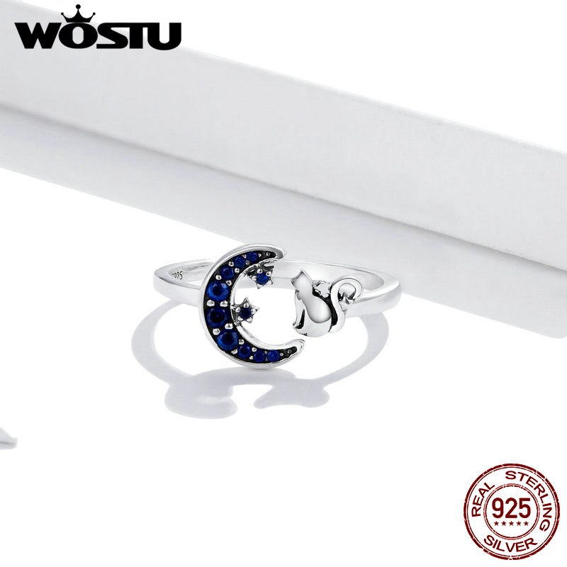 Wostu Moon &amp; Kat Open Ring 925 Sterling Zilver Blauw Zirkoon Verstelbare Size Animal Ring Voor Vrouwen Vingers Trendy Sieraden CQR677