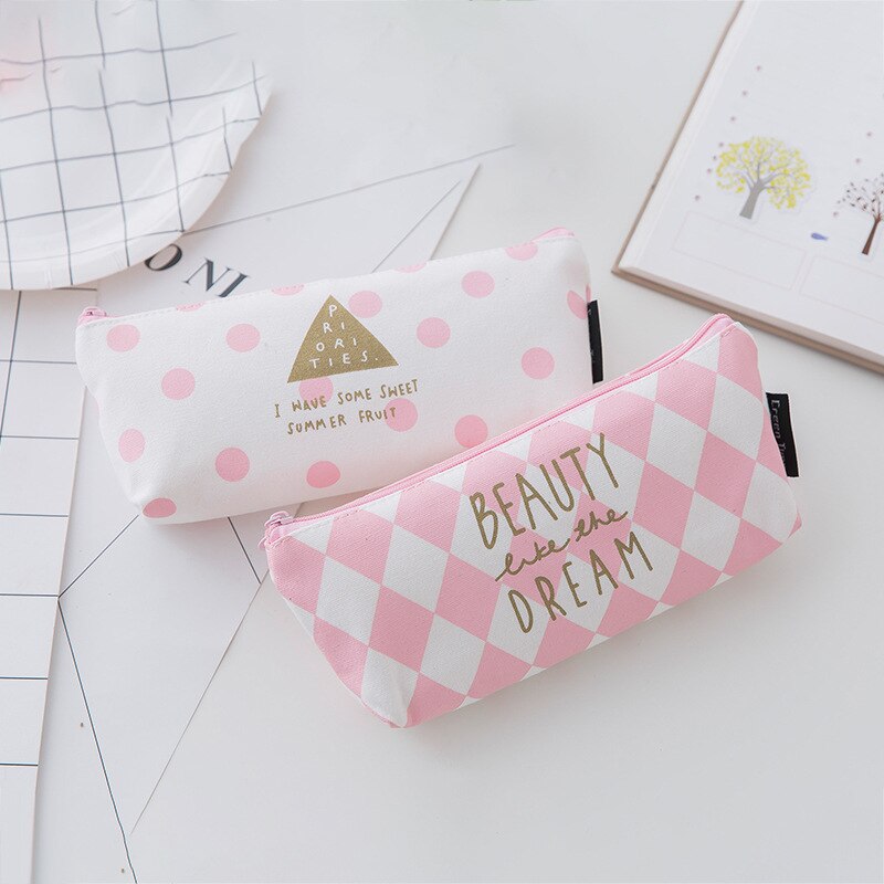 1 Pcs/Verkoop Beknopte Kawaii Etui Leuke Roze Ruit Patroon Schoolbenodigdheden Briefpapier Pennenbakje Potlood Tas