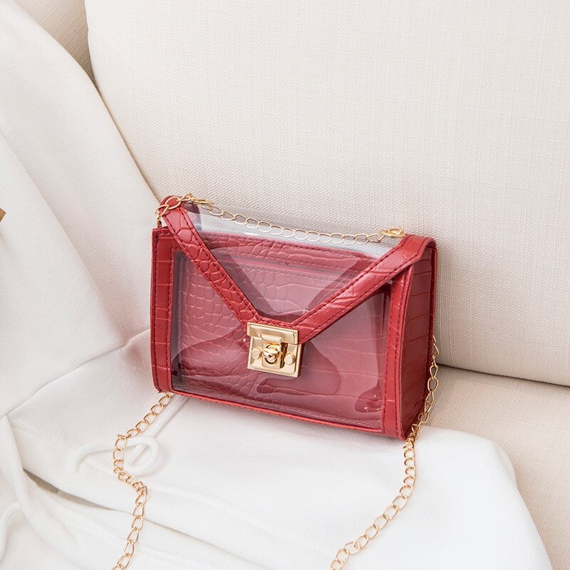 Kleine PVC PU Leder Transparent Schulter Handtaschen Set Für Frauen Mini Handy Kette Haspe Umhängetasche Messenger Tasche: Red