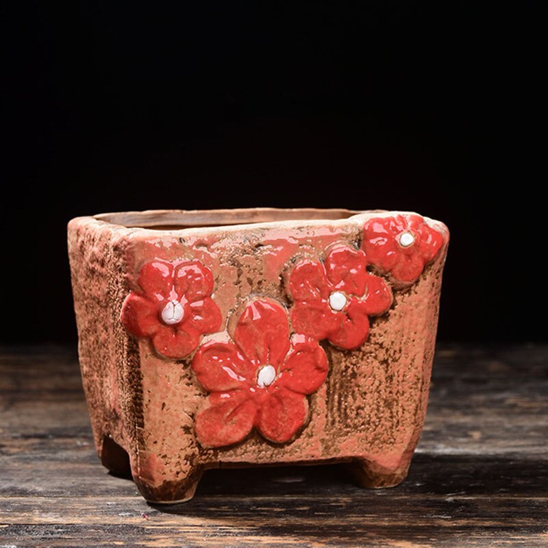 Ceramic Flowerpot Coarse Poterry Floral Pattern Fleshy Plant Pot Breathable Vase Office Desktop Ornaments Garden Decor: 9.5x7x7cm