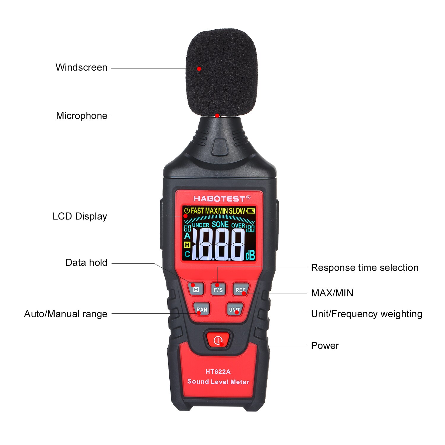 HABOTEST portable HT622A numérique décibel mètre LCD couleur écran bruit sonomètre avec sac à outils gamme de 30-130dB(A)