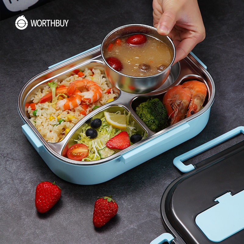WORTHBUY Japanese Kids Lunch Box With Tableware Bowl 304 Stainless Steel Food Container With Compartments Microwave Bento Box