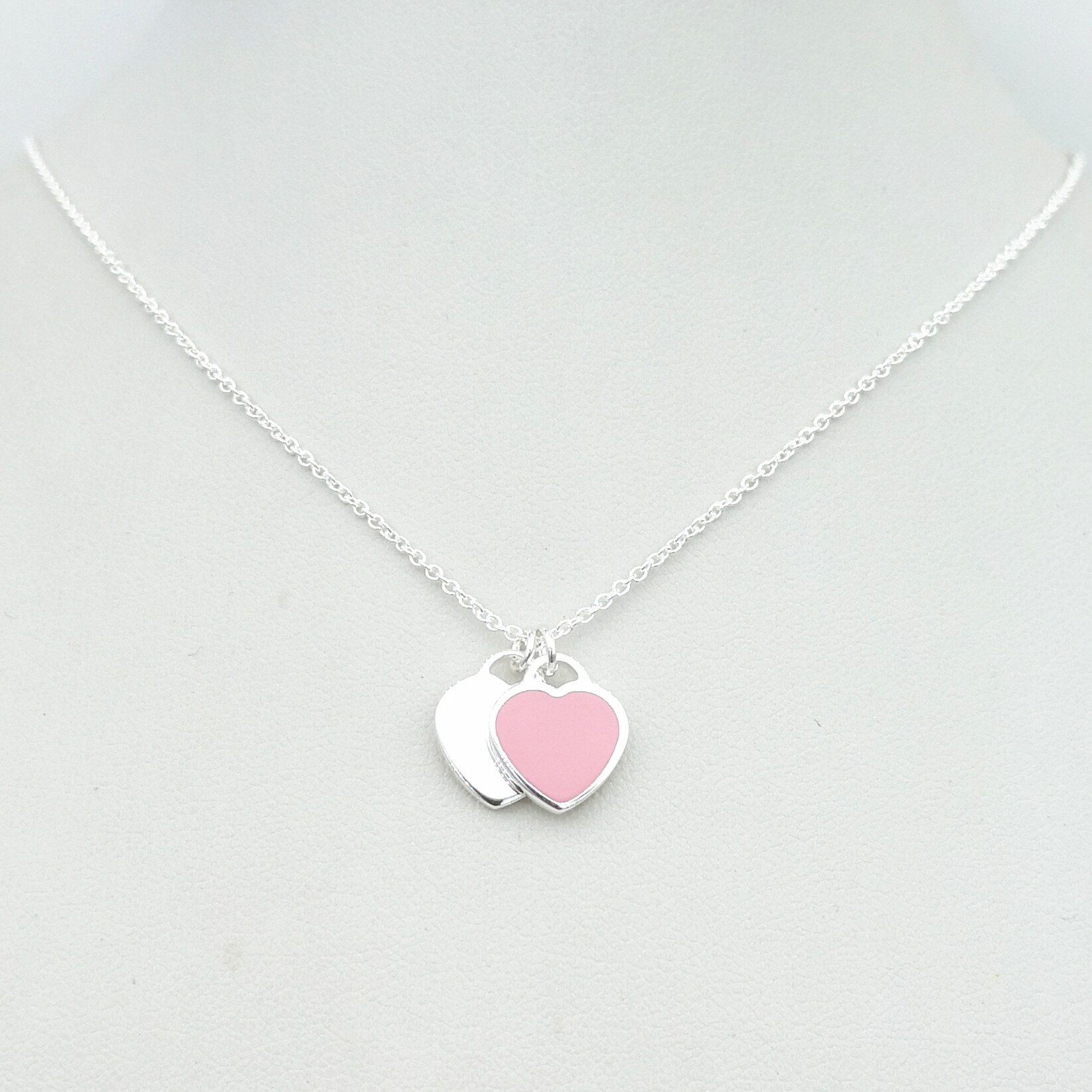 Sterling zilver 925 klassieke roze geëmailleerde hartvormige zilveren hartvormige dubbele hart hanger dames ketting sieraden