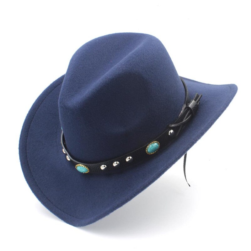 LUCKYLIANJI Wool Felt Western Cowboy Hat For Kid Child Wide Brim Cowgirl Kallaite Braid Leather Band (Size:54cm,Adjust Rope)
