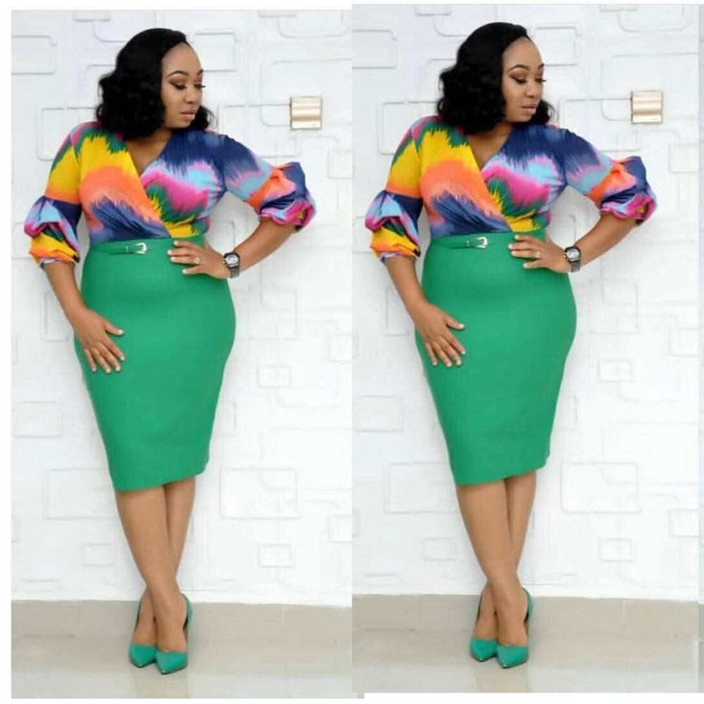 Dashiki African Long Dress For Women Traditional Print Clothing Puff Sleeve With Belt (ZC08#): green / L