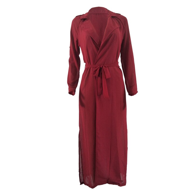 Sommar chiffong trench kofta lång trenchcoat dam vårkappa kvinnlig skårad hals kappa dammrock  d402