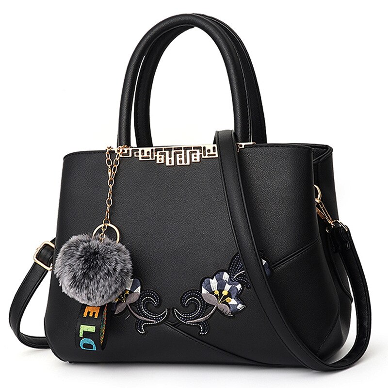 Embroidered Messenger Bags Women Leather Handbags Bags for Women Ladies Hand Bag Female bag: black 3