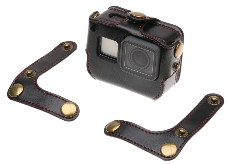 För gopro ramskydd skydd fodral läder + lång vävrem öppning baksida för go pro hero 5 6 7 svarta tillbehör