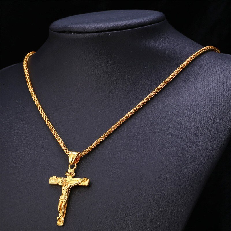 Collar de Cruz religiosa de Jesús para hombre, colgante de Cruz de color dorado con cadena, de joyería para hombre: De oro y de color