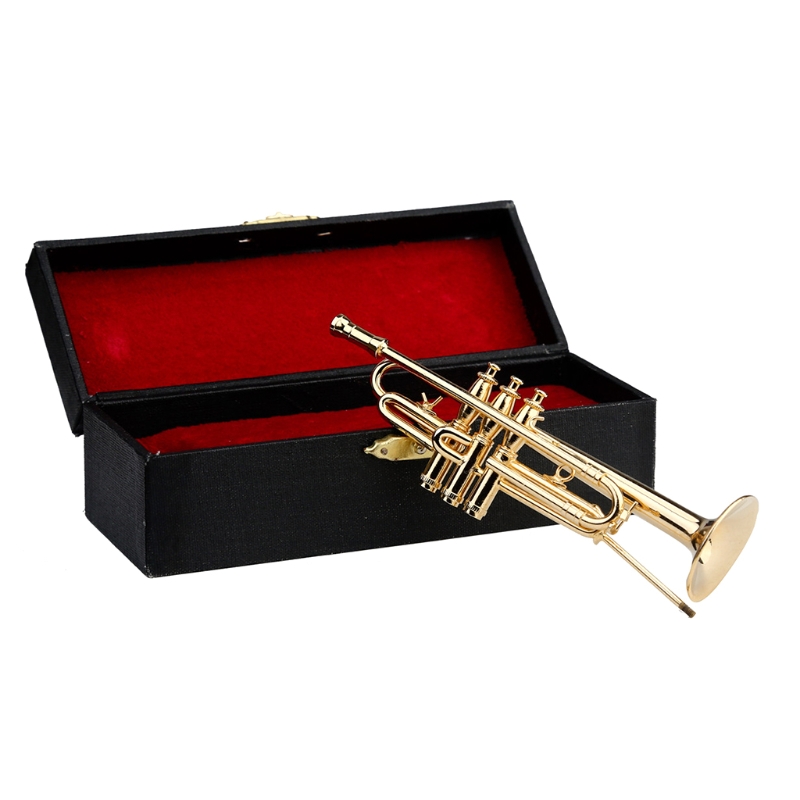 Mini Trombone Trompet Saxofoon Koperen Vergulde Model Ornament Met Stand &amp; Box Voor Miniatuur Musical Woondecoratie