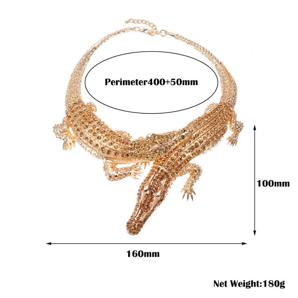 Jerollin stora två krokodiler halsband inlägg hel strass kvinnor stor choker legering uttalande smycken haklapp maxi halsband