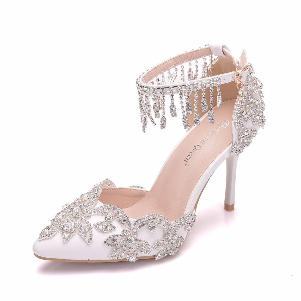 Cristal reina mujer blanco cristal zapatos borla pulsera boda zapatos novia tacones altos Sandalias Mujer vestido bombas: 39