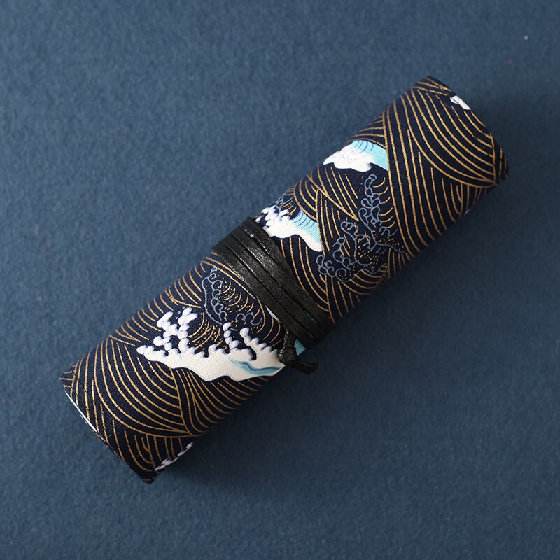 7.5 inch Antiquity Pencil Case Pen Wrap Double Tassel Ocean Wave Printing Sea Cliff Coffee Flower 4/7/10 Slots Clear Pattern: 10 Slots Sea Cliff