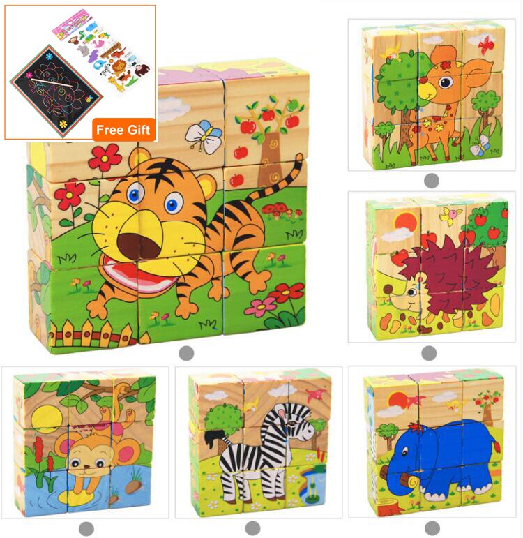1pc Nine Blocks Six-sided 3D Jigsaw Cubes Puzzlesd Wooden Toys For Children Kids Educational Toys Funny Games GYH: Animals 1  1TZ1GGH