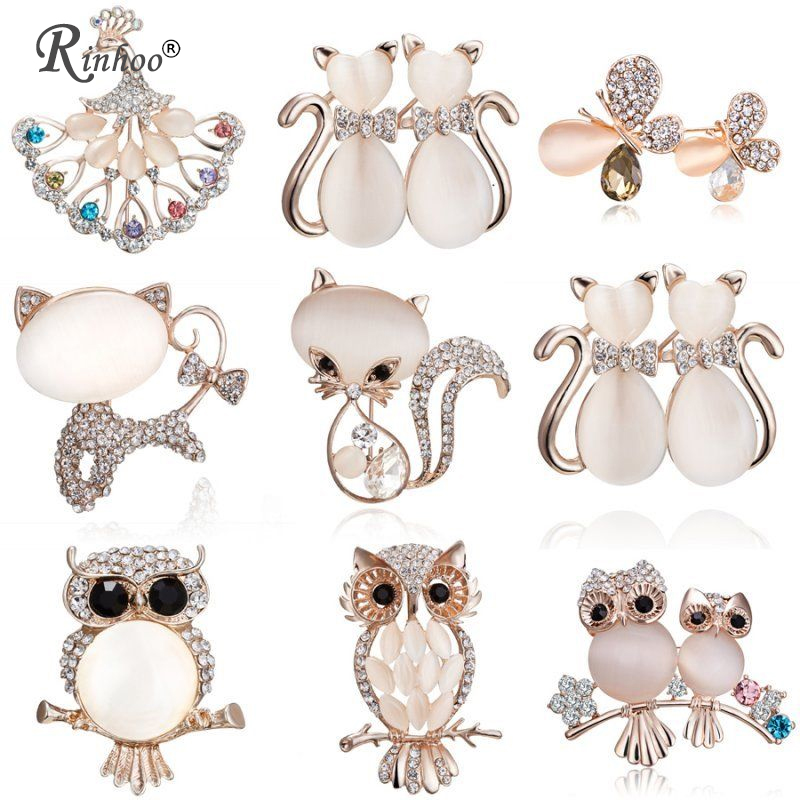 RINHOO Cute Animal Cat Owl Butterfly Brooch For Women Europe America Wedding Jewelry Stones Crystal Brooch Pins