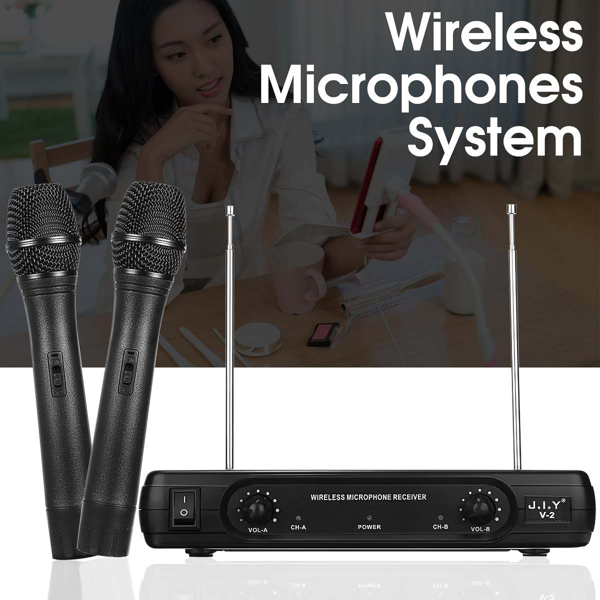Dual Wireless Microphone System Cordless Microphone Speaker Handheld Microphone Karaoke Mic Music Player