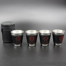 4 Stks/set 30Ml Mini Rvs Cups Wijn Bier Whiskey Cups Met Leather Cover Bag Draagbare Outdoor Reizen Cup