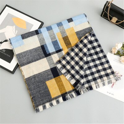 Nova chegada da moda outono inverno xadrez cachecol feminino quente de alta qualidade elegante bonito duplo lado fresco adorável vintage borla xale: Azul