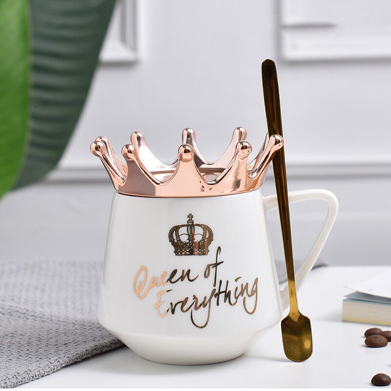 Criativo coroa cerâmica caneca rosa bonito caneca de café nórdico copo de leite com colher tampas café xícara de chá canecas de água lembranças do feriado presente: WHITE