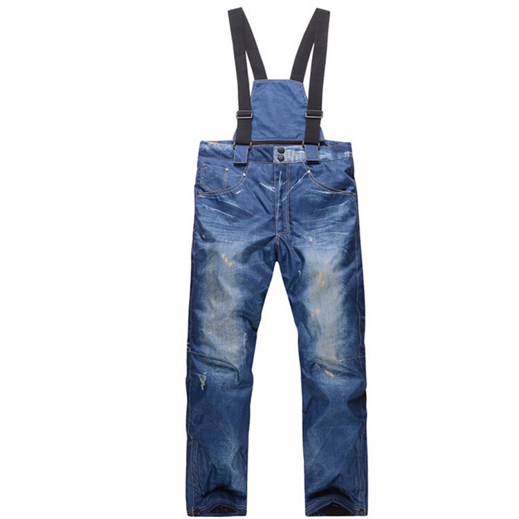 Denim Suspenders Thickened Warm Snowboard Overalls For Men Wear Waterproof Windproof Breathable Ski Pants: Blue / M