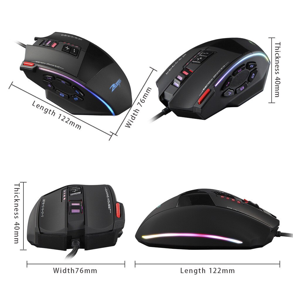 Zelotes C13 Gaming Mouse 10000 DPI 13 Programmable Buttons RGB LED Light Mice 5 DPI Options 13 Programmable Button Colorful