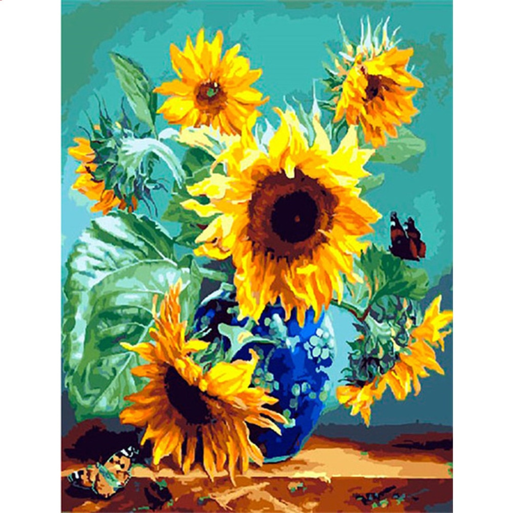HUACAN DIY Paint By Numbers Sunflowers HandPainted Oil Painting Drawing Kits Canvas Pictures Home Decoration