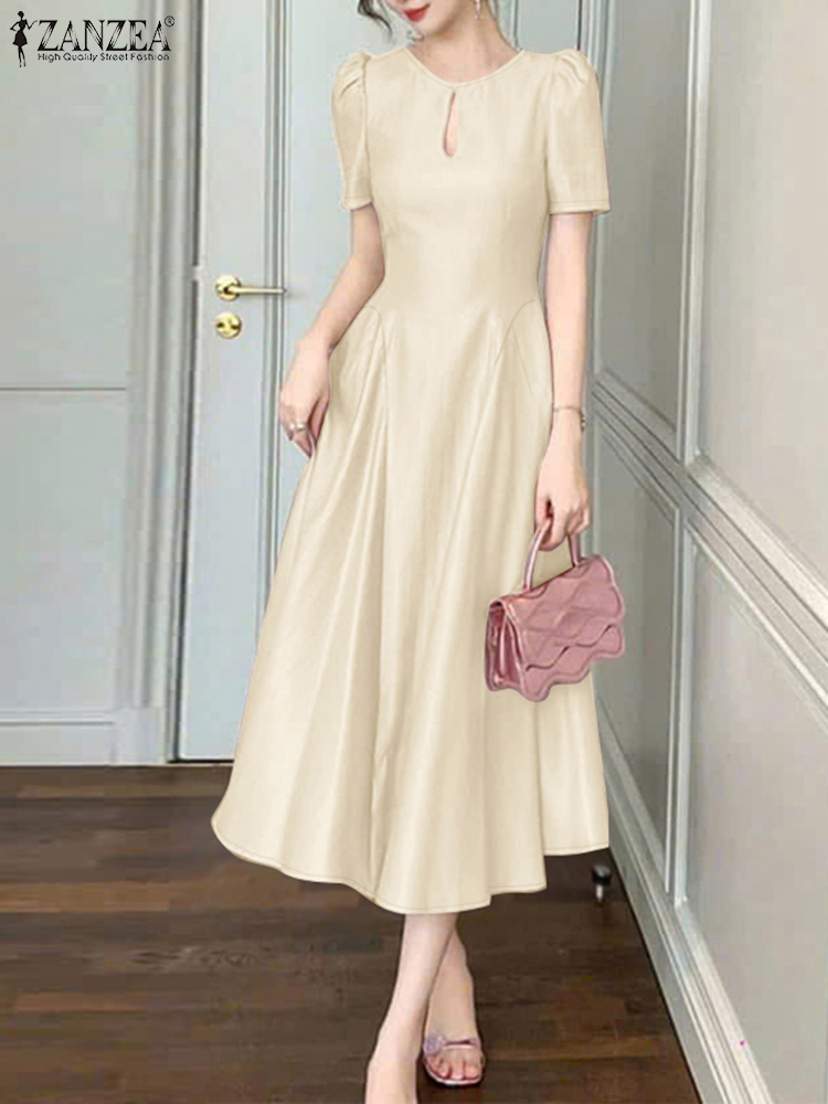 Zanzea sommer kortærmet arbejdskjole kvinder ensfarvet a-linje kjole festkjoler taljede satin vestidos: Xxl / Beige