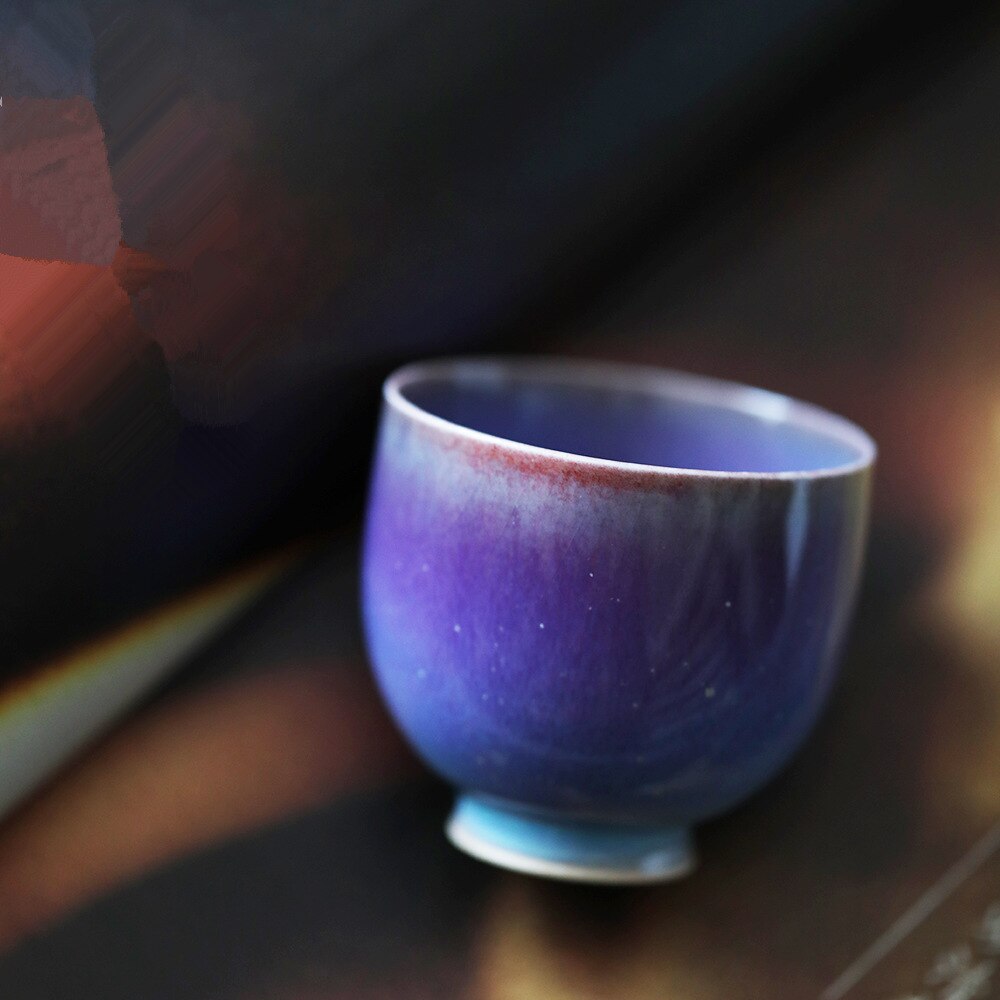 70Ml Paars Glazuur Chinese Retro Handgemaakte Willekeurige Textuur Kleur Glazuur Hoge Temperatuur Firing Keramische Theekopje Porselein Theekopje