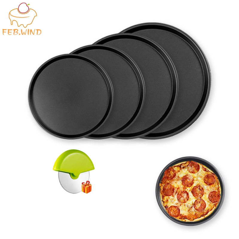 Heavy Duty Carbon Staal Diepe Schotel Pizza Pan/Lade Pizza Bakplaat Met Cutter Voor Oven Non Stick Ronde pizza Bakken Pan 044