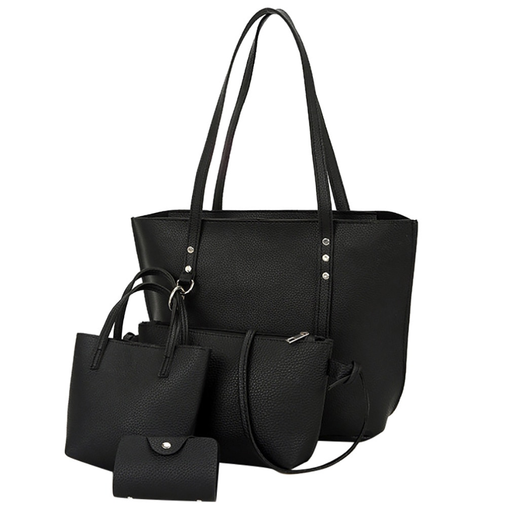 4pcs/Set Women Composite Bags Ladies Handbags Female PU Leather Shoulder Messenger Bags Tote Bag Bolsa #T1G: Black 